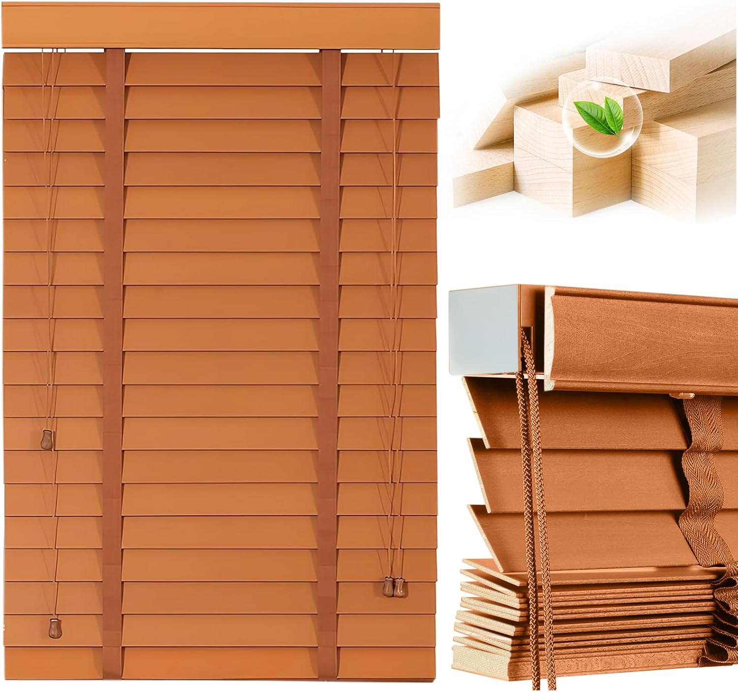 2" Slats Wood Blinds for Indoor Windows: Wooden Blackout Blinds & Shades,Custom Size Privacy Horizontal Blinds for Home Bedroom Bathroom Living Room Windows 32" 40" 48" 60" 64" 70'' (Brown 24"WX48"H)