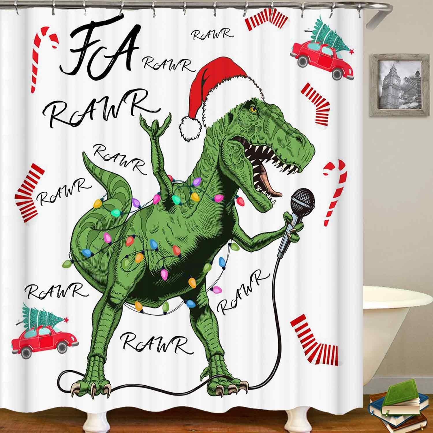 4PCS Funny Dinosaur Christmas Shower Curtain Sets with Rugs, Waterproof White Fabric Shower Curtain, Cute Green Dino Singing Xmas Tree Red Truck Stocking Candy Boys Girls Kids Bathroom Decor