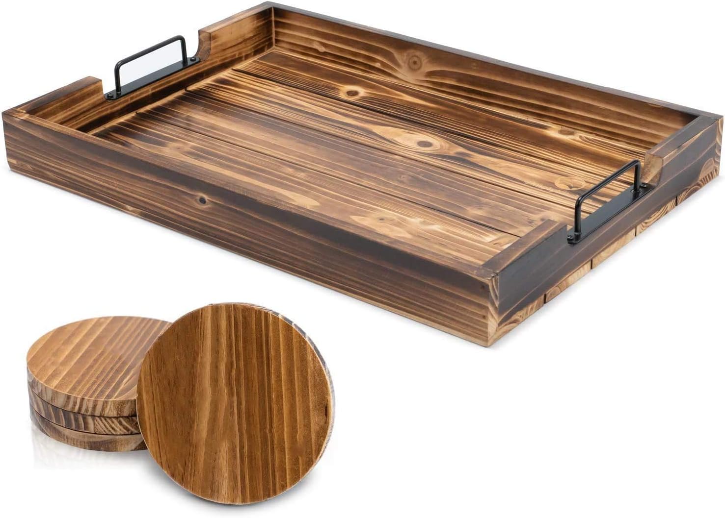 Ottoman Tray for Coffee Table - 17 x 13 Inch Decorative Serving Tray with Handles For Coffee Table and Living Room - Including 4 Round Wooden Coasters - By SimplyKitchenPlus