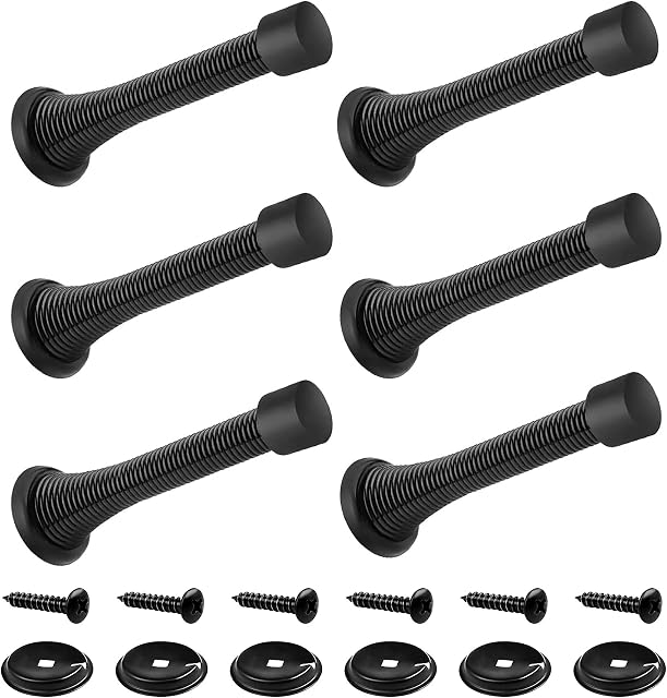 6 Pack 85mm Spring Door Stop Metal Door Stoppers with Screws and Base Plate (Black) - Avos-Deals-Global