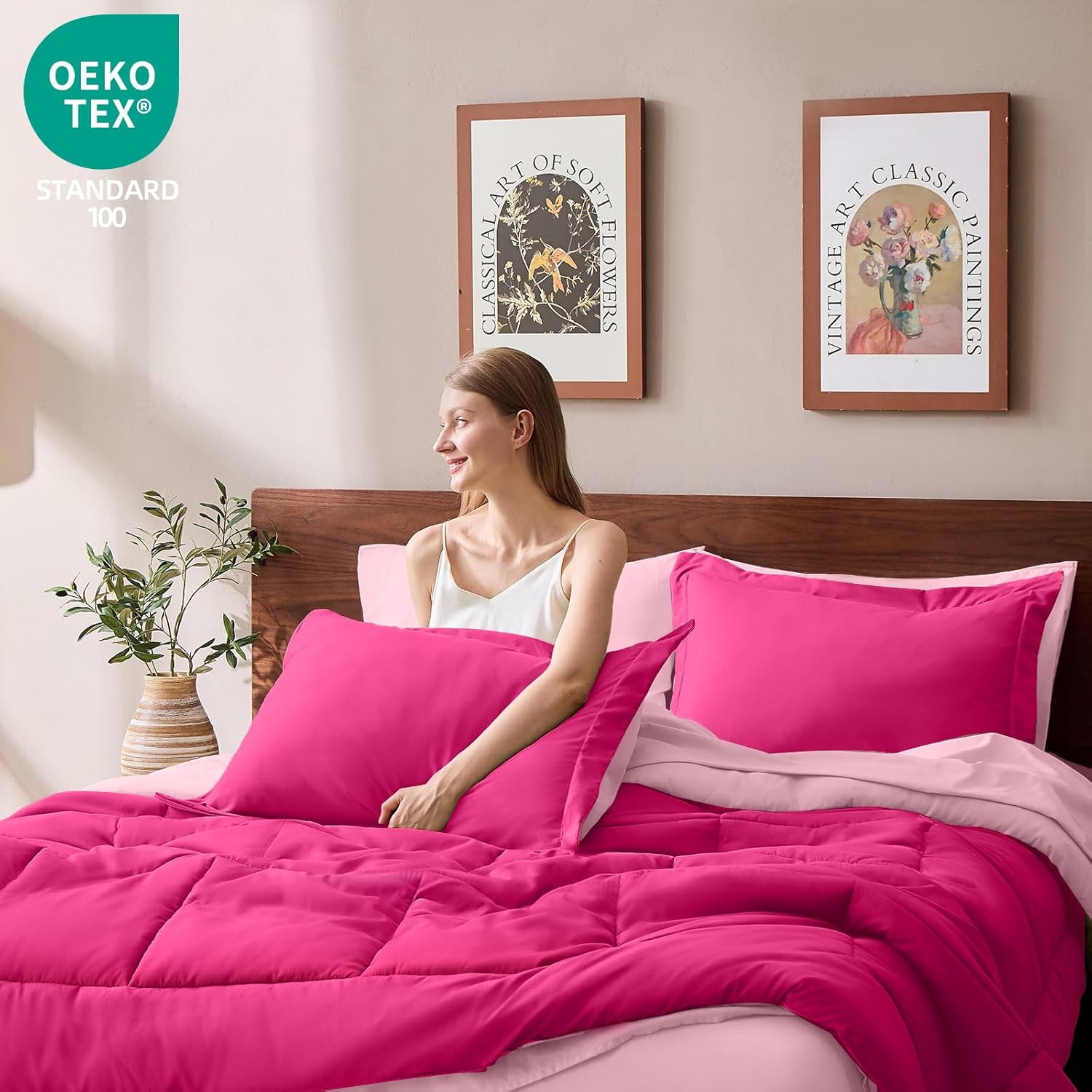 FUANNA Full Size Comforter Sets 7 Pieces, Reversible Bed in a Bag Full with All Season Soft Comforter, Bedding Sets Includes Comforter, Flat Sheet, Fitted Sheet, Pillowcases & Shams, Hot Pink & Pink