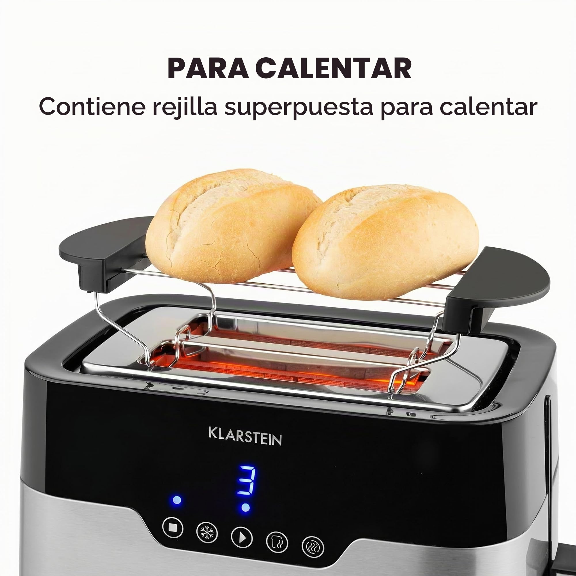 Klarstein Arabica tostadora, 920 W, panel táctil, pantalla LED, funciones descongelar, recalentar y cancelar, rejilla calientapanecillos, bandeja recogemigas, recogecable, acero inoxidable