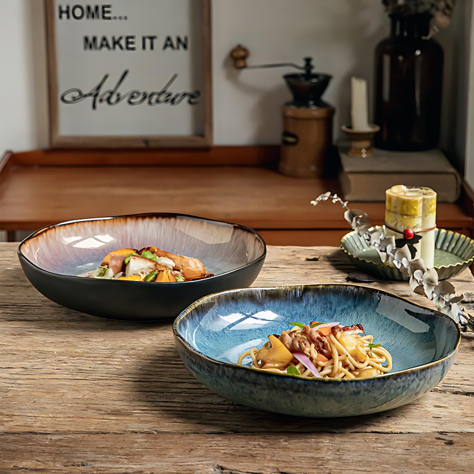 Assiettes à Salade En Céramique, Assiettes à Dessert Irrégulières en Porcelaine Bleue, Assiettes à Salade Et à Pâtes Allant au Micro-Ondes et au Lave-Vaisselle (Azuré)
