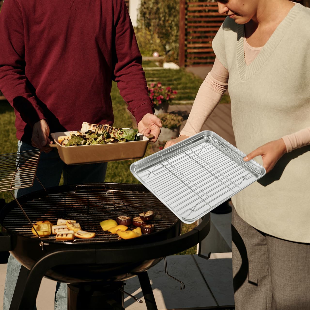 DOITOOL Lot de 1 plaques de Cuisson rectangulaires en Acier Inoxydable avec Support de Refroidissement Amovible 31 x 24 x 2,5 cm