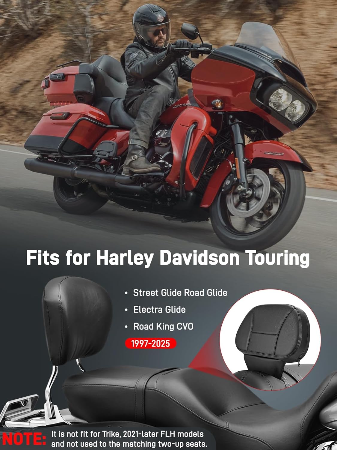 Driver Rider Backrest,1997-2024 Adjustable Driver Rider Backrest Black Motorcycle Backrest Fit for Harley Davidson Touring Road Glide Street Glide Road King Electra Glide