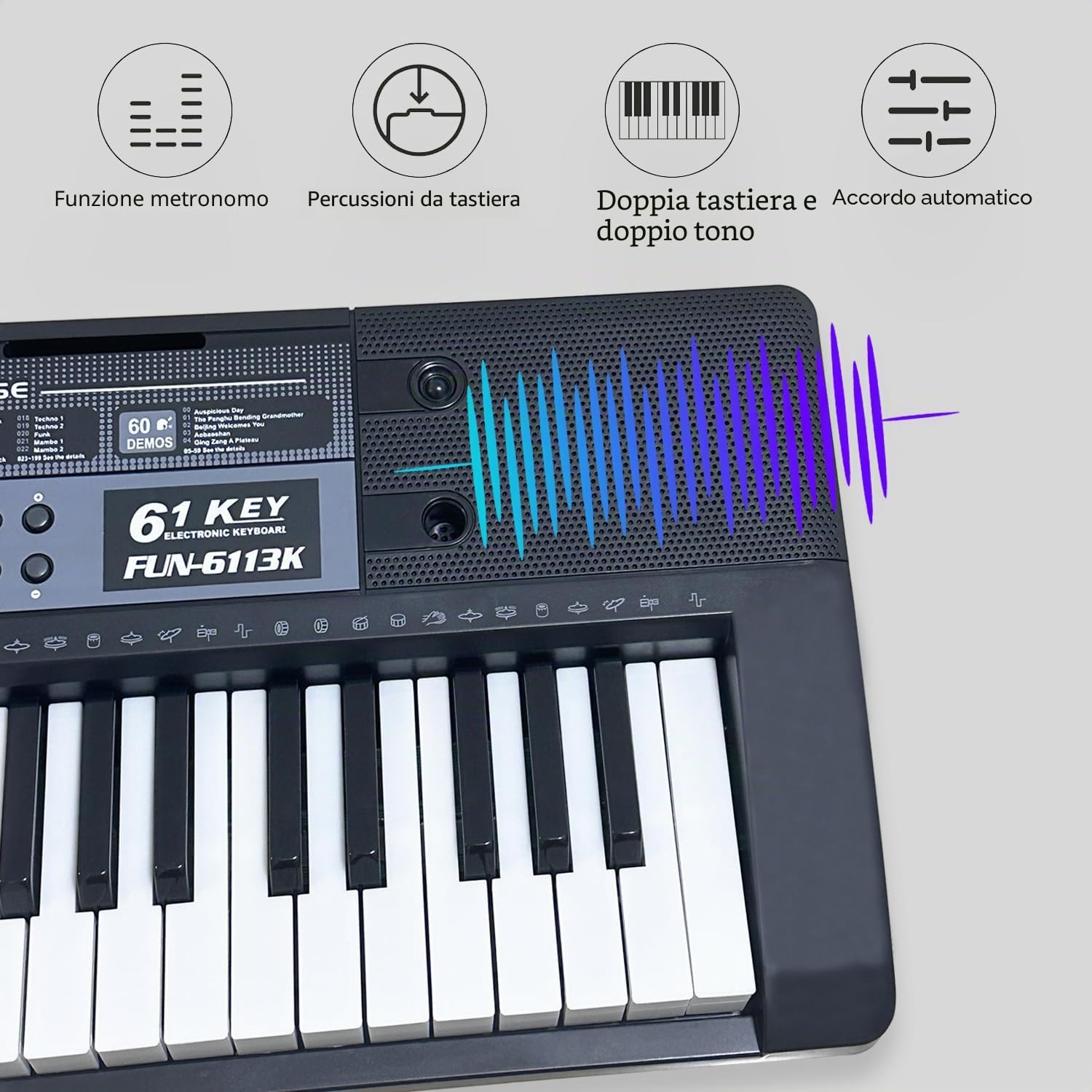 Pianoforte digitale portatile a 61 tasti, pianoforte elettronico con tasti illuminati e supporto musicale, mini tastiera per bambini e adulti, tastiera digitale Nero