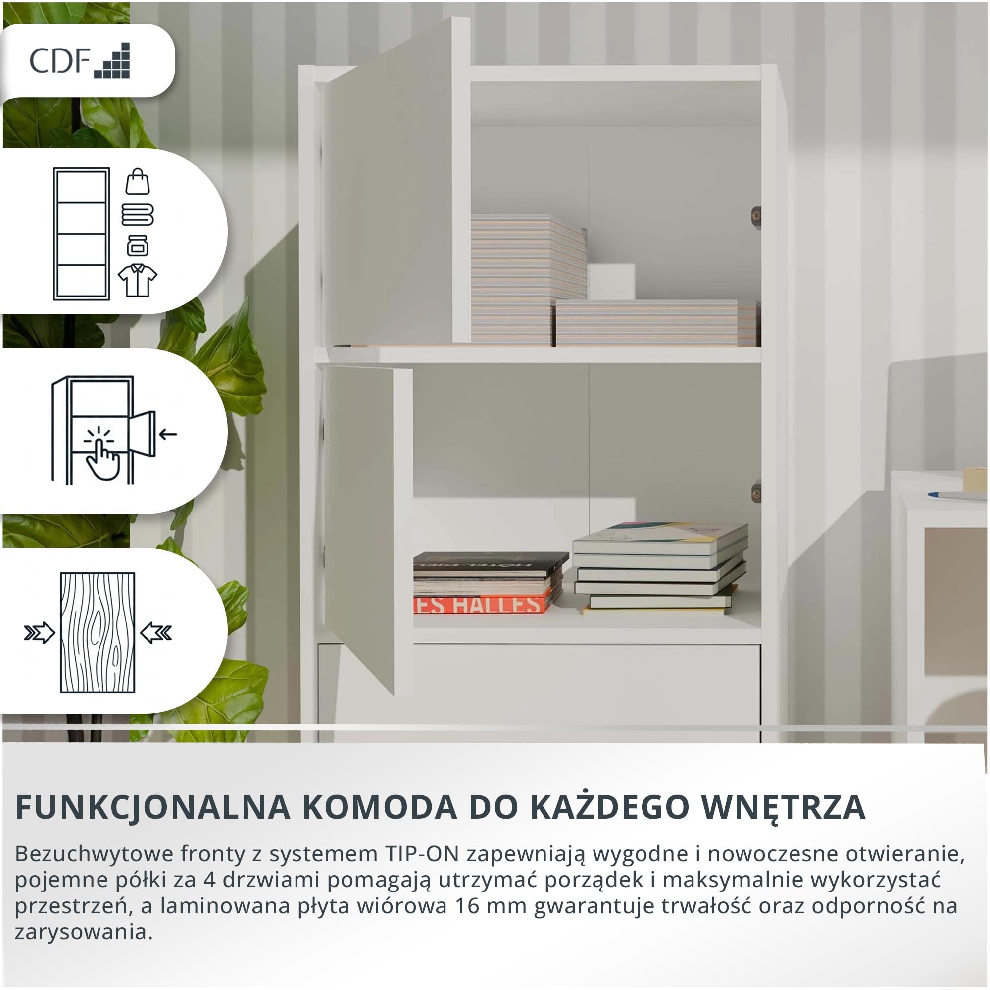 CDF Komoda Wysoka Szafka 4 Drzwi 50cm Półki Salon Sypialnia Przedpokój Biuro Korytarz Garderoba Wejście Gabinet Kredens Szafa Schowek Przechowywanie Wielofunkcyjna Kuchnia Spiżarnia Bez Uchwytów Biała