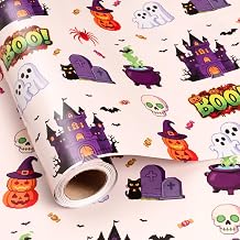 Varsoul Pixel Halloween Wrapping Paper Roll, Spooky Ghost Pumpkin and Haunted House Pattern Gift Wrap for Halloween, Party, Decorations - Mini Roll - 17 Inch x 16.5 Feet
