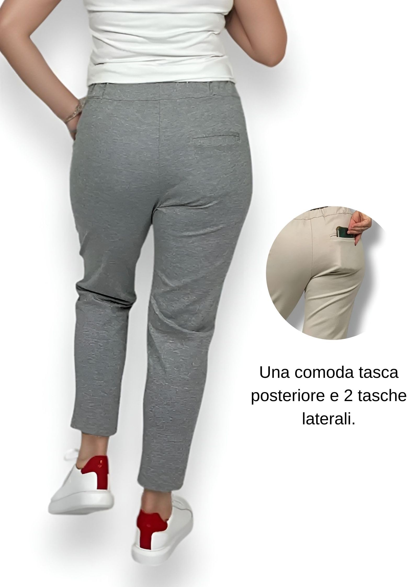 Pantalon Chino Femme Élastique à Cigarette Taille Haute Joggers Femme Punto Milano Élégant Casual Slim Fit Jeggins avec Poches, gris clair (ral 7035), S