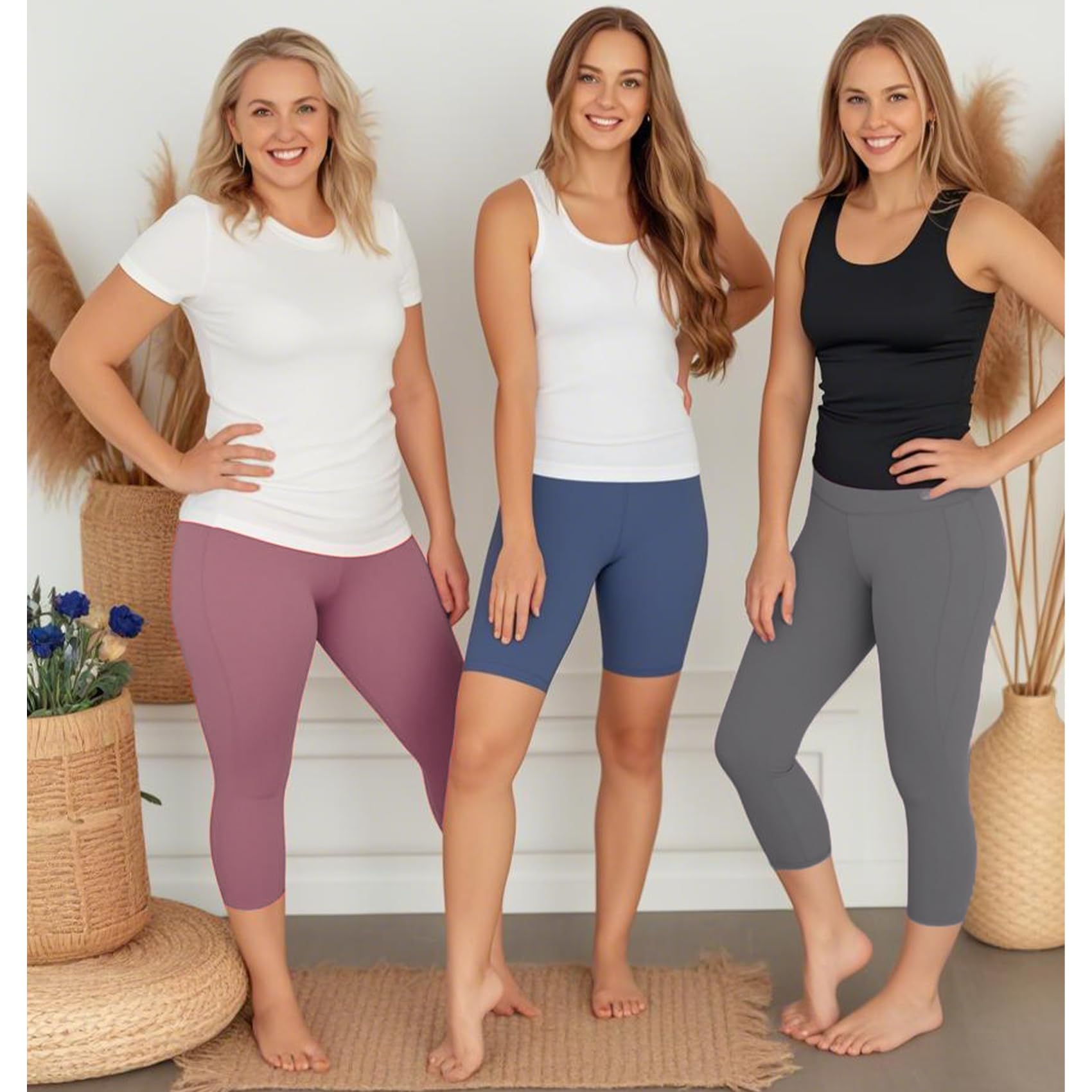 NEW YOUNG Paquete de 3 Leggings Capri para Mujer con Bolsillos, Cintura Alta, Control de Abdomen, Pantalones de Yoga