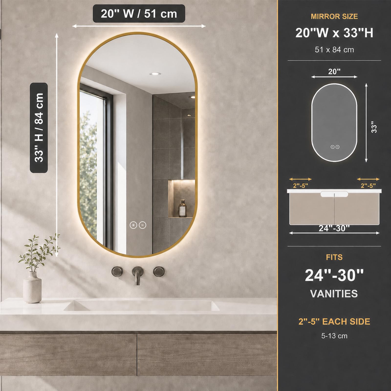 LAIYA Specchio da bagno ovale a LED, 33 x 20, cornice in alluminio dorato, retroilluminato, anti-appannamento, dimmerabile, funzione memoria