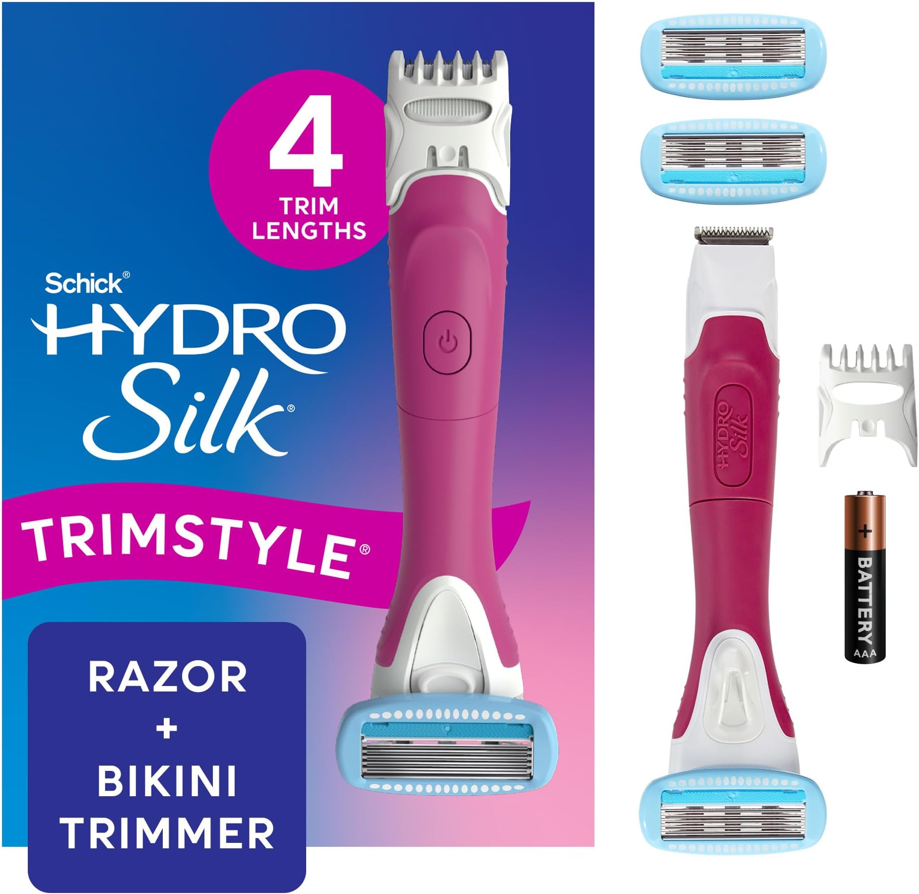 Schick Hydro Silk TrimStyle Razor with Bikini Trimmer for Women | 2-in-1 Bikini Razor for Women and Womens Trimmer for Pubic Hair, Includes 1 Waterproof Handle, 3 Refills & 1 AAA Battery