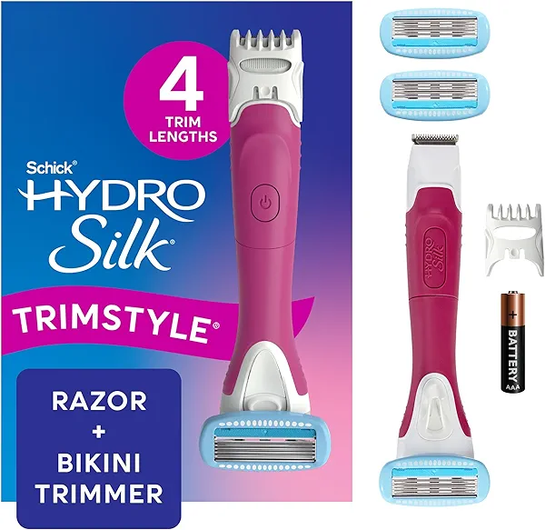 Schick Hydro Silk TrimStyle Razor with Bikini Trimmer for Women | 2-in-1 Bikini Razor for Women and Womens Trimmer for Pubic Hair, Includes 1 Waterproof Handle, 3 Refills & 1 AAA Battery