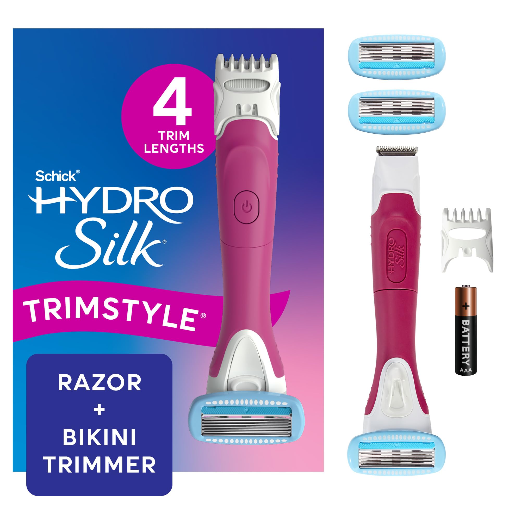 Schick Hydro SilkTrimStyle Razor with Bikini Trimmer for Women | 2-in-1 Bikini Razor for Women and Womens Trimmer for Pubic Hair, Includes 1 Waterproof Handle, 3 Refills & 1 AAA Battery