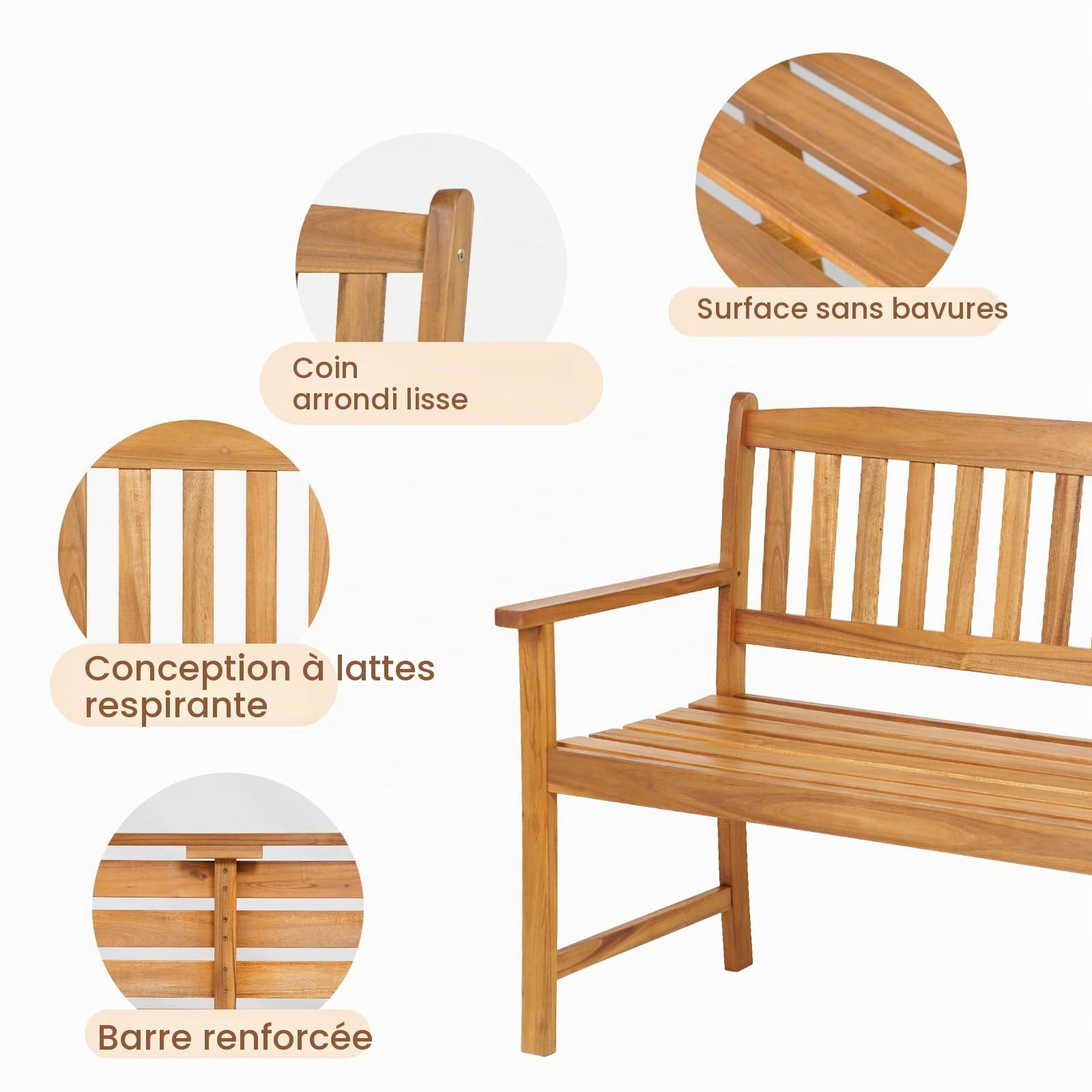 KOMFOTTEU Banc de Jardin 2 Places, Banquette de Parc en Bois d'Acacia, Banc de Parc, Chaise de Parc avec Dossier, Charge de 360 kg, pour Balcon, Terrasse (Grande Taille, 122 x 56,5 x 86 cm)