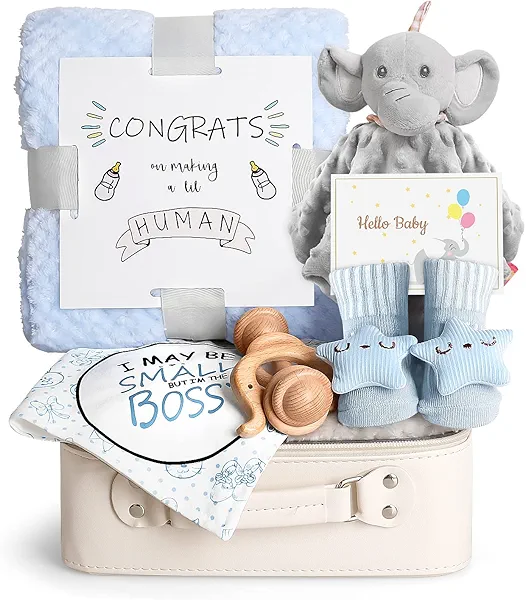 iAOVUEBY Baby Shower Gifts, Baby Boy Gift Basket Set Newborn Blanket Elephant Lovey Baby Security Blanket Wooden Rattle Toy, Funny Bibs Socks & Greeting Card, New Boys Baby Gift Essentials