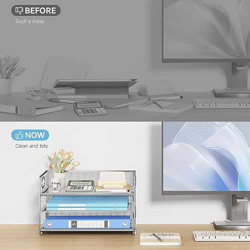 Miniatura 3 de Subekyu Organizador de escritorio de papel de 3 niveles con asa y 1 bandeja deslizable para cartas, clasificador de carpetas de archivos de papel