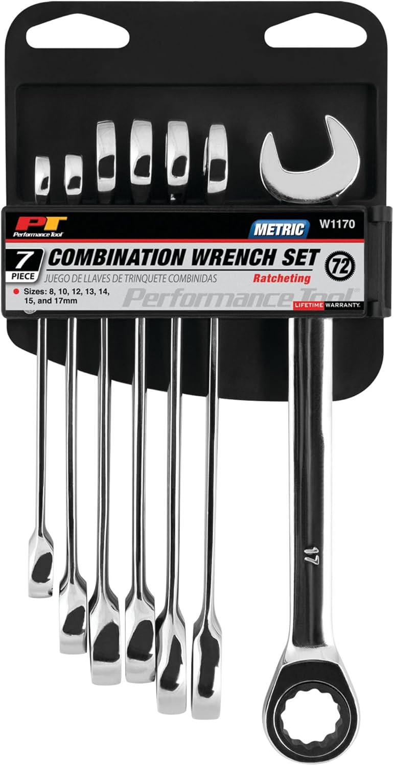 Performance Tool W1170 7pc MM Ratcheting Wrench Set - Professional Grade 72 Tooth Gear Design for Tight Spaces and Quick Adjustments