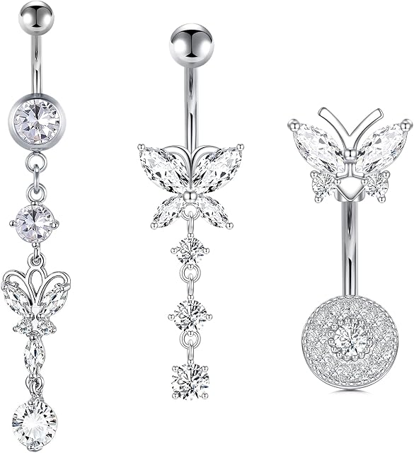 VFUN Butterfly Belly Button Bars 14G 10MM Banana Piercing Women Navel Piercing Stainless Steel Dangle Belly Button Rings Belly Piercing 3PCS