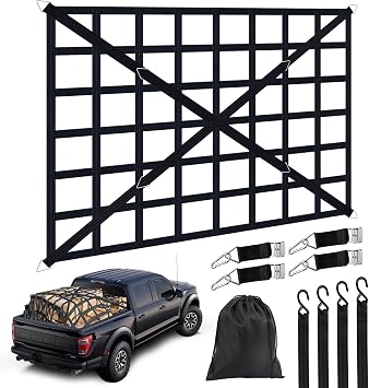 Cargo Net for Pickup Truck Bed, Heavy Duty 1100 lbs Capacity, Adjustable Cam Buckles & S-Hooks, Thick Herringbone Nylon, with Drawstring Storage Bag for Trailers and Trucks 66" x 50"