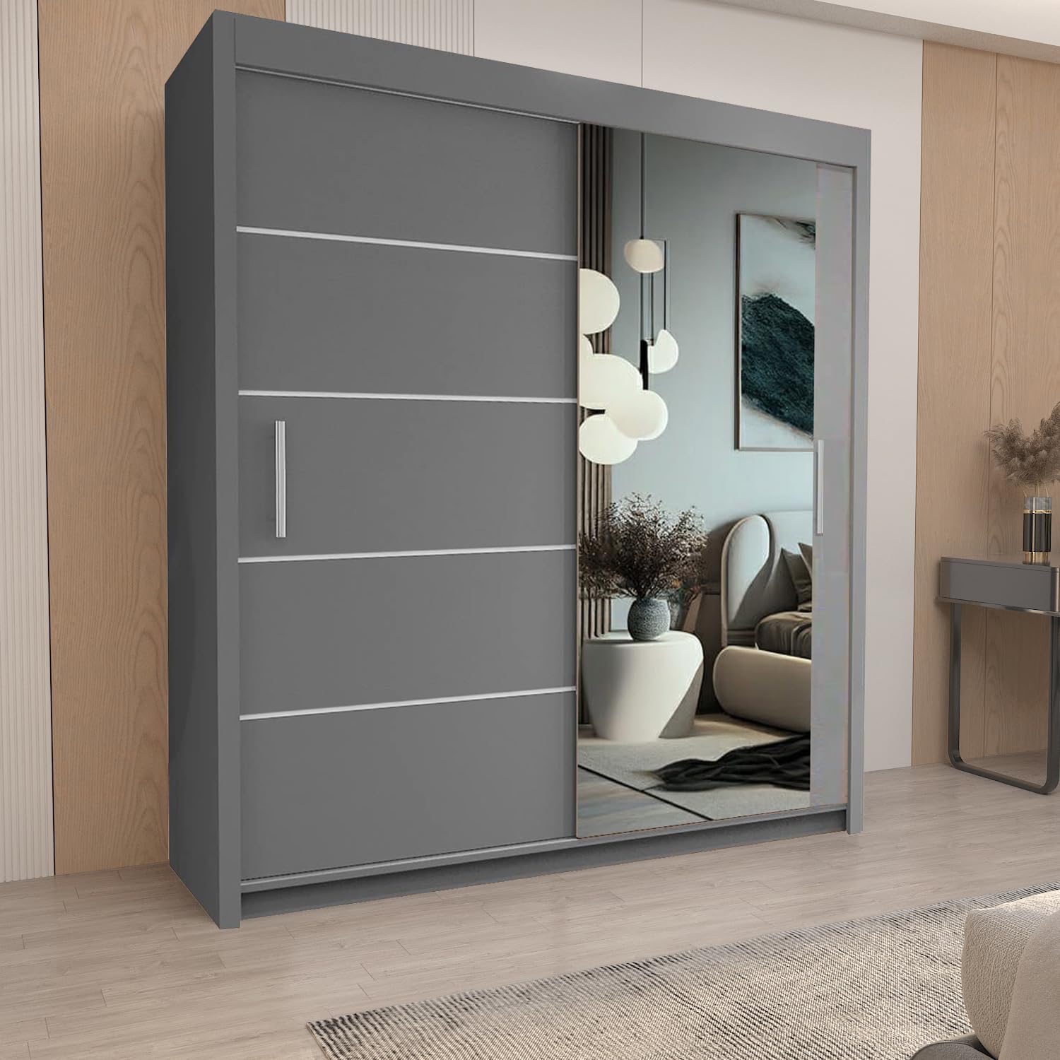 INTERIOR EMPORIUM's ONYX Mirror Sliding Door Wardrobe 120cm/150cm/180cm/203cm/250cm, You Can Get to This Create a Chic Retreat in Your Bedroom. (GREY, 120CM) - Image 2