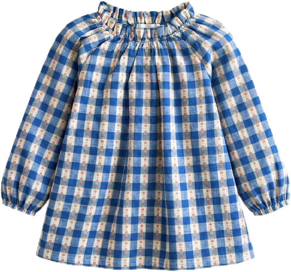 Girls Blue and White Floral Gingham Blouse with Ruffle Neck, Long Sleeve Cotton Top
