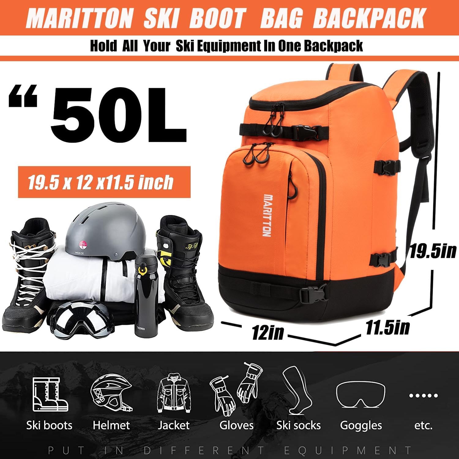 Ski Boot Bag - Boot Travel Backpack for Snowboard & Ski Boots, Helmet, Goggles, Gloves, Accessories