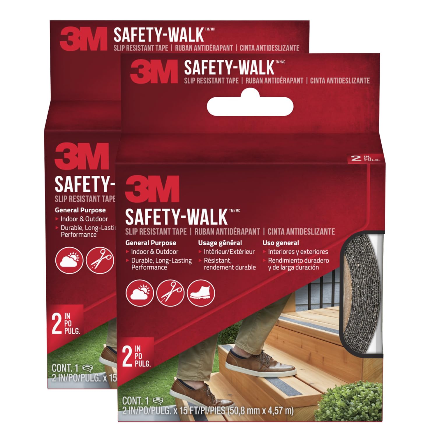 3M Safety-Walk Slip Resistant Tape, Black Anti Slip Grip Roll, 2 in x 15 ft, Strong Self-Adhesive Traction Tape for Stairs, Ladders, Floors & Work Areas, 2-Pack