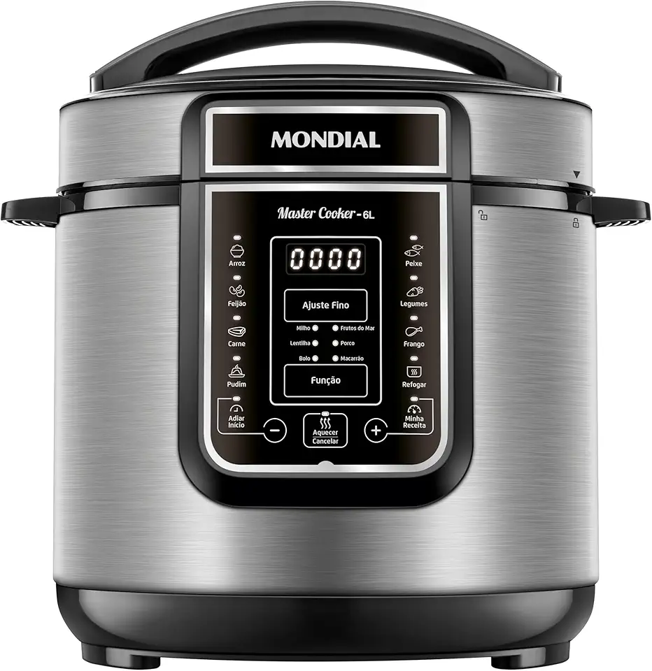 MONDIAL Panela de Pressão Elétrica Digital 6L, Preto/Inox, 1000W, 110V - PE-60-6L-I