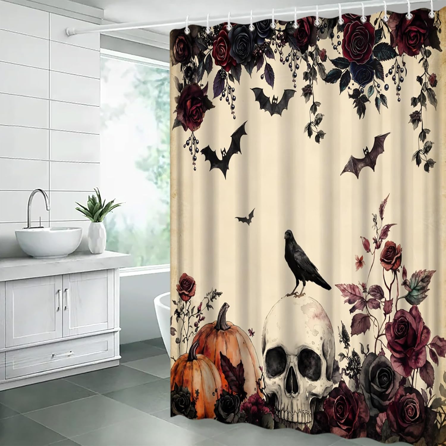 Gothic Halloween Shower Curtain 70" Wx96 H,Skull Rose Floral Retro Crow Pumpkins Scary Vintage Fabric Bathroom Decor Curtains with Hooks,