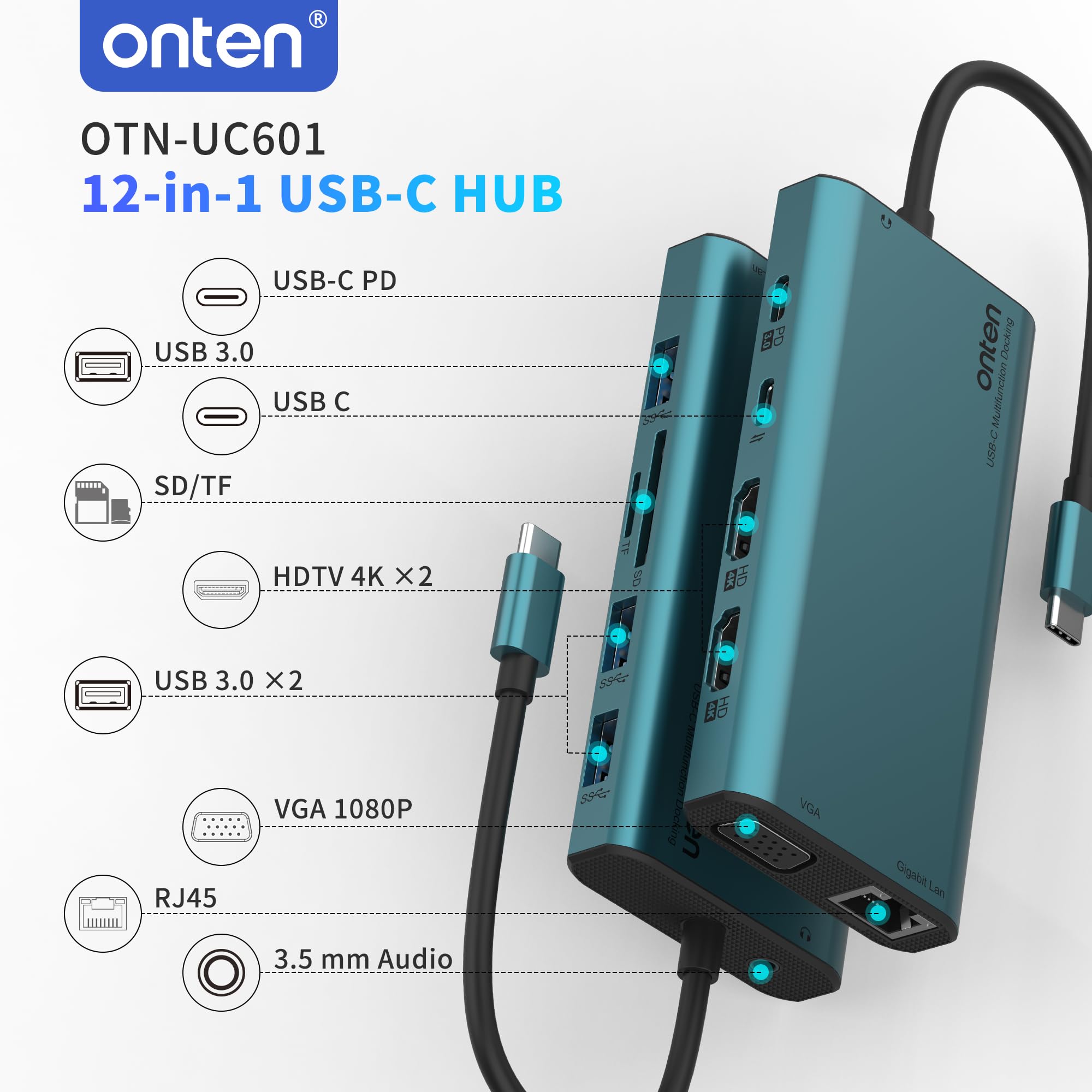 Onten USB C Hub 12in1, Docking Station mit 2X HDMI 4K, 100W Power Delivery, 3X USB 3.0, Gigabit LAN, VGA 1080P, SD/TF Kartenleser, Audio – MacBook Pro/Air, Windows, Tablets