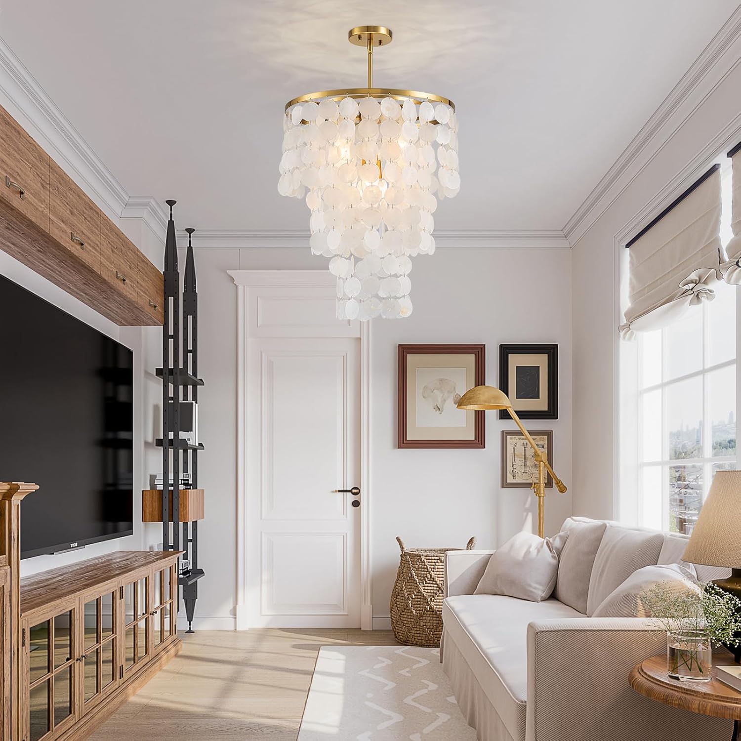 LumFurn 4-Lights Capiz Shell Chandeliers, 3-Layer Modern Pendant Light Fixture for Dining Room, Living Room, Bedroom, D17.7 x H27.5~59"(Adjustable), True Shell Strand & Gold Finish Frame