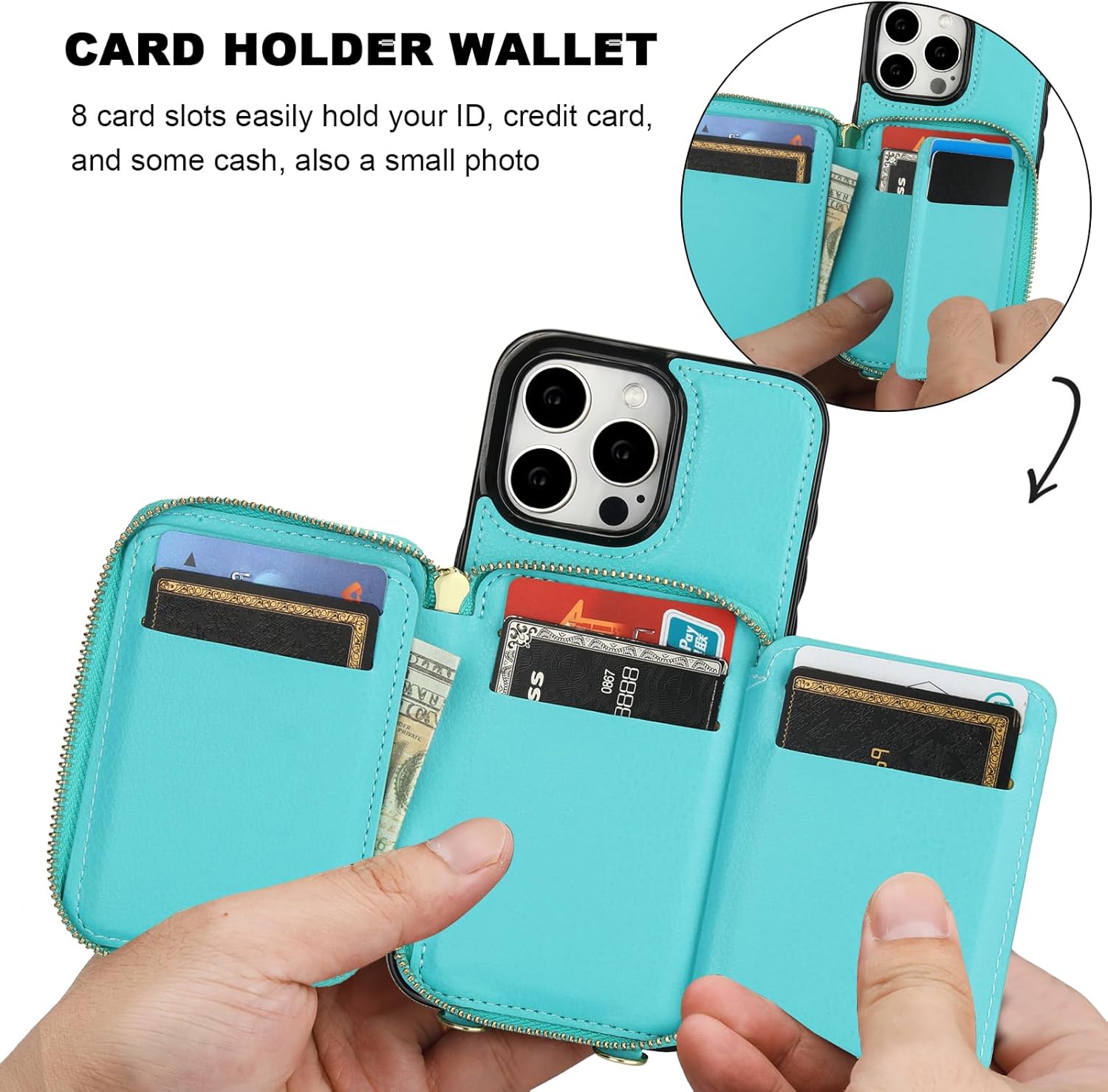Bocasal RFID Blocking Wallet Case for iPhone 15 Pro Max, Adjustable Crossbody Zipper Purse Card Holder with Kickstand and Detachable Wrist Strap, PU Leather Flip Folio Case 6.7 Inch 5G (Mint Green)