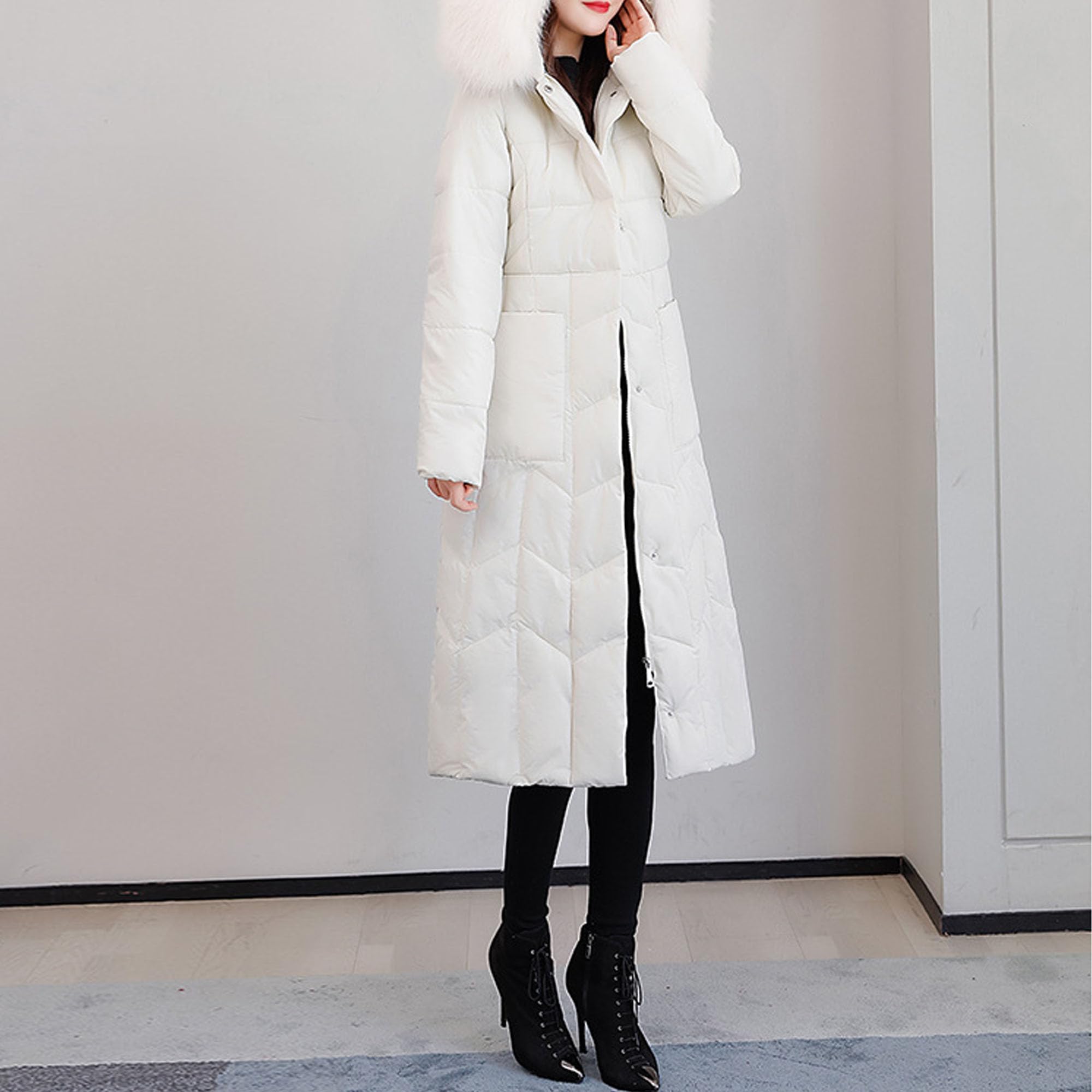 Piumino da donna casual in pelliccia sintetica con cappuccio medio lungo caldo giacca imbottita in cotone invernale per esterni slim fit solido piumino