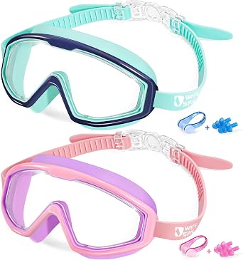 Water Space Swimming Goggles Kids Toddler 3-15, Panoramic View Anti Fog No Leak, Boys Girls Swim Goggles for Pool Beach, Pack of 2