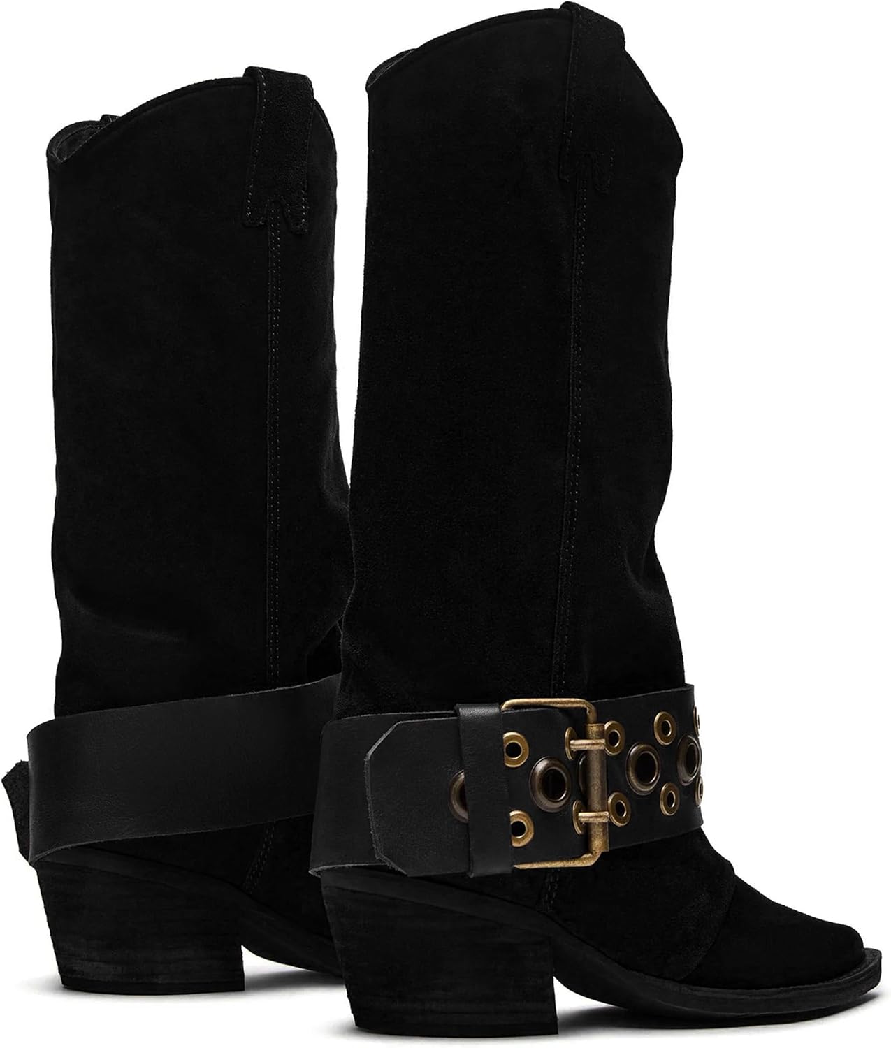 Cowboy Boots for Women Buckle Strap Suede Cowgirl Boots Pointed Toe Chunky Heel Mid Calf Boot Comfort Western Shoes - Image 4