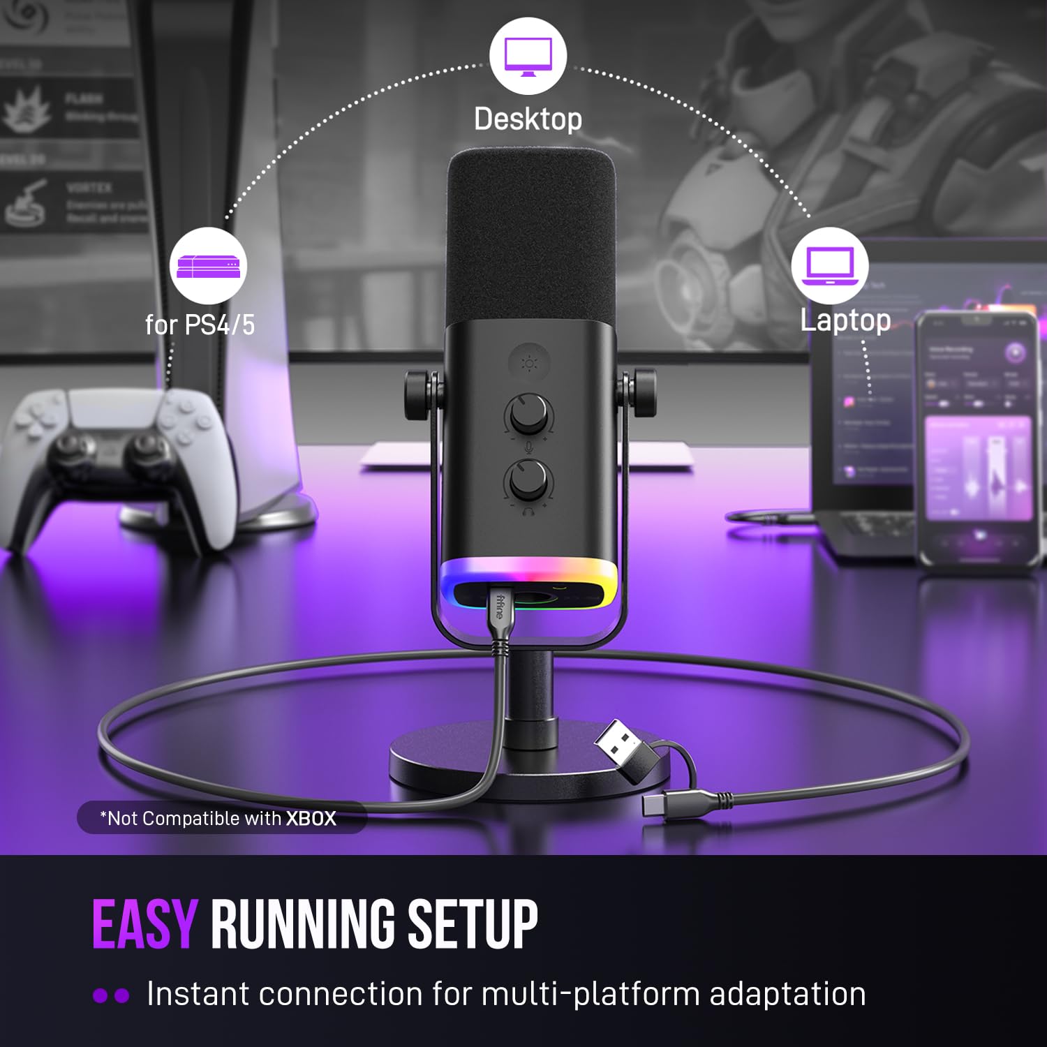 FIFINE Microfono da gioco XLR/USB, microfono per streaming dinamico da studio, microfono da tavolo per podcast, VoiceOver, registrazione, con RGB, mute, jack per cuffie di monitoraggio, manopola di