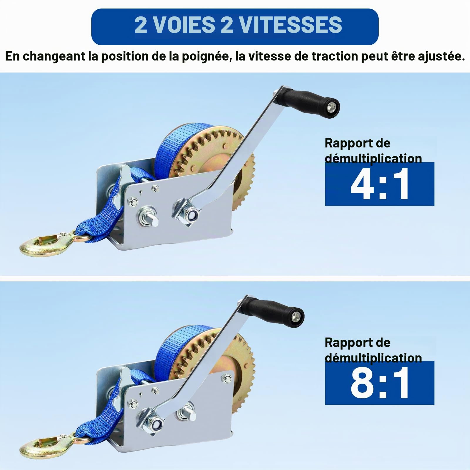 FreeTec Treuil Manuel avec Bleu Polyester Cordon à Bergung Treuil Bateau Treuil (10m 2500lbs)