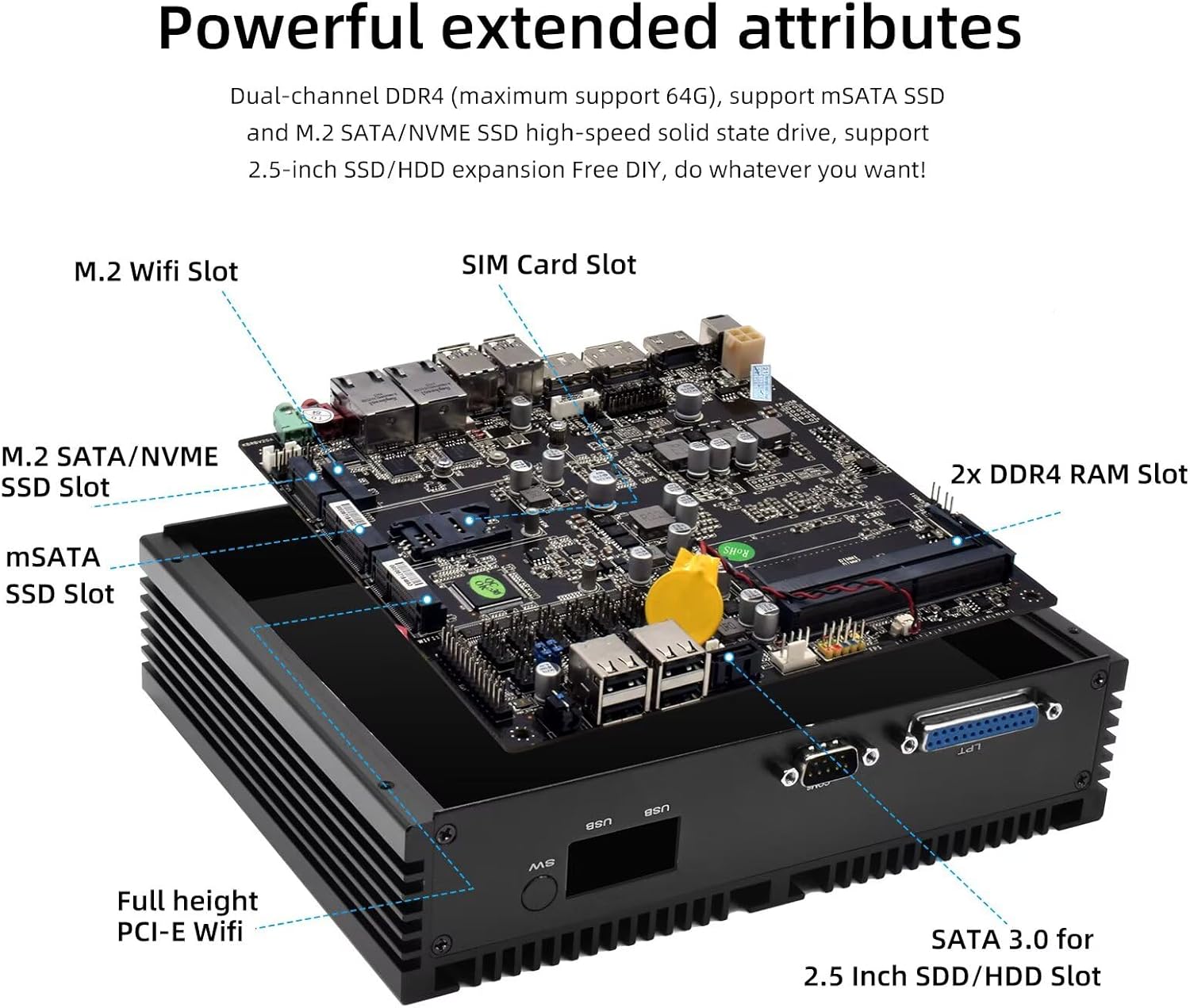 WEIDIAN Fanless Industrial PC, Mini Desktop Computer Core i7-8550U, Triple Display 4K@60Hz Output, HD, DP, EDP, Dual NIC, 8USB, 6RS232 COM, LPT, WiFi, BT4.2, SIM Card Slot(16GB RAM 256GB SSD)