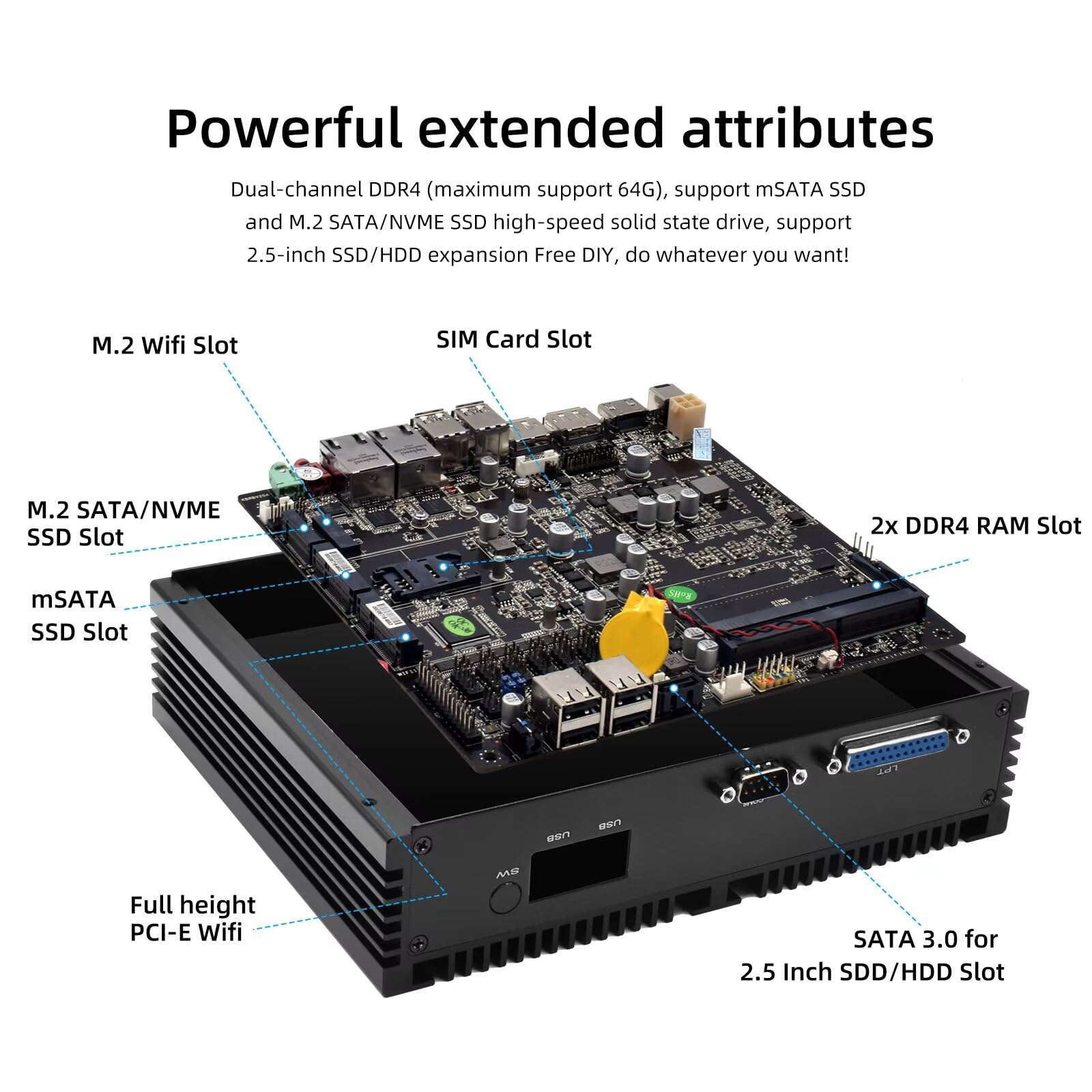 WEIDIAN Lüfterloser PC i7, Industrie PC Lüfterlos, Core i7-8550U, Fanless Industrial Computer Win 11, HDMI, DP, EDP 4K Triple Display, 8USB, 6RS232 COM, LPT, WiFi, BT (16GB DDR4 RAM 512GB SSD)
