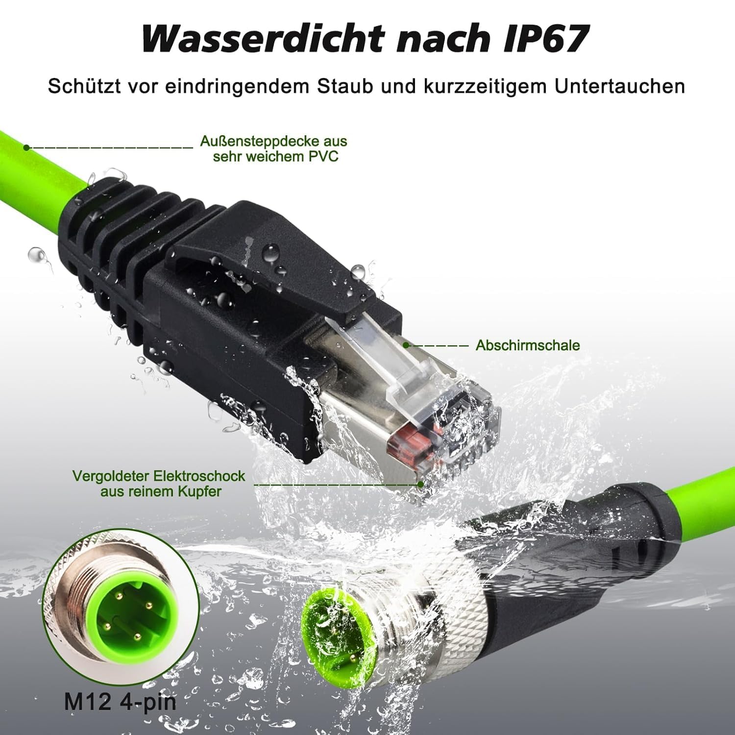 M12 Cavo D-code Maschio a 4 poli su Cavo Ethernet RJ45, CAT5E 26AWG IP67, Impermeabile, Doppia Schermatura, Cavo di Rete High Flex per Automazione Industriale AWG26, 3 m, Verde