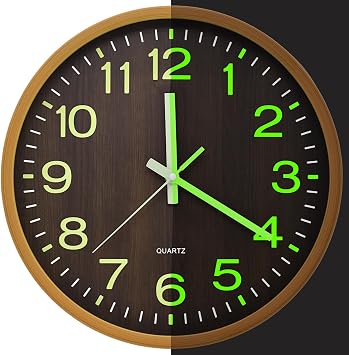 12'' Wood Grain Glow in The Dark Silent Wall Clock for the eldery | Battery Operated Non-Ticking Easy to Read Analog Clocks for Living Room Kitchen Office Bedroom