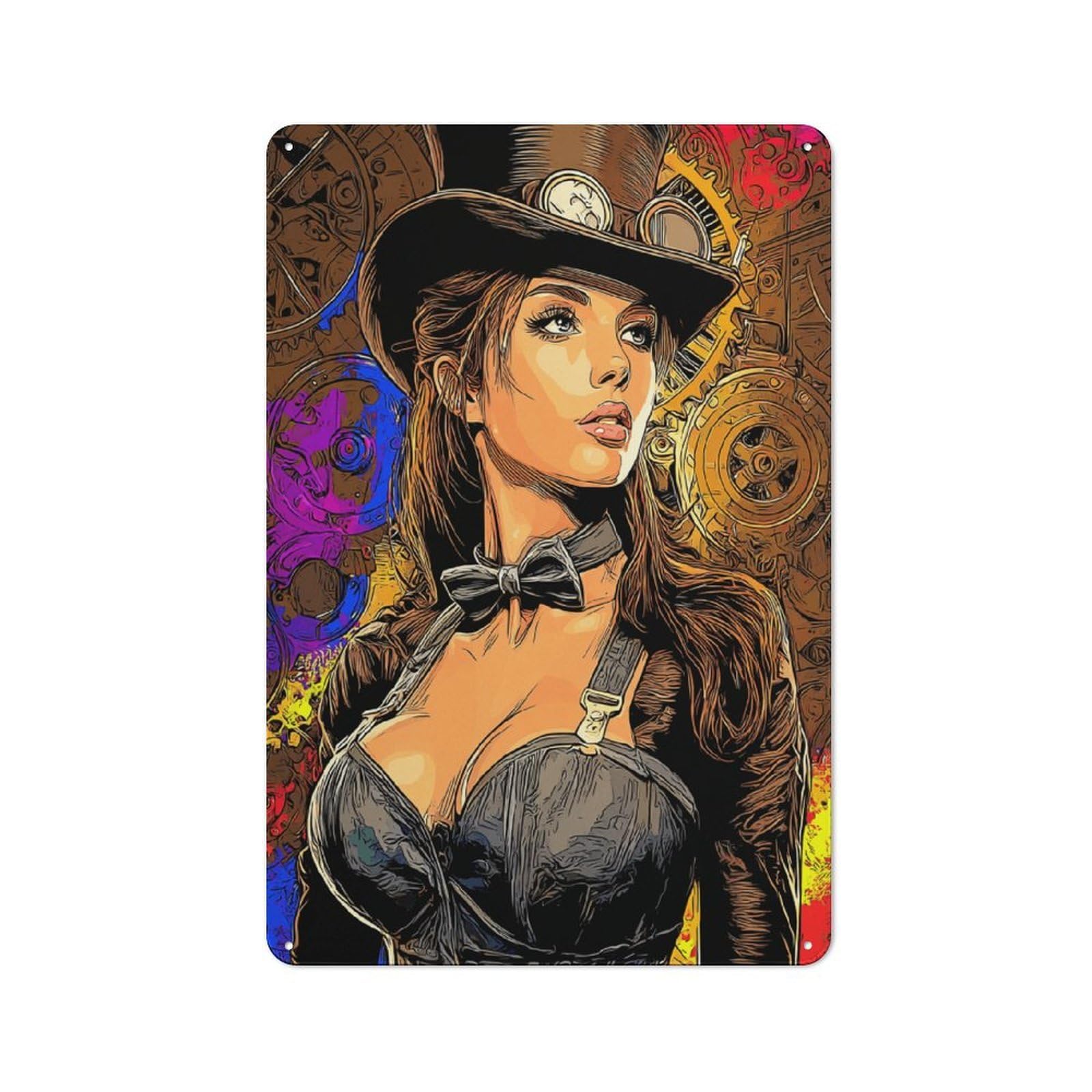 Junmoney Steampunk Woman With Top Hat Metal Wall Sign 30X20cm Featuring For Café Or Restaurant, A Decorative Metal Sign For Cafés And Restaurants