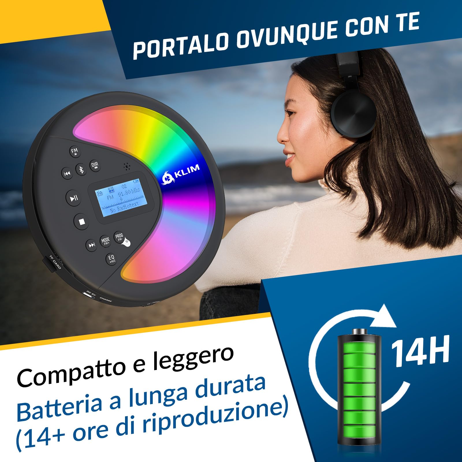 KLIM Discover con le Cuffie + Lettore CD HiFi portatile + NUOVO + Radio FM + Compatibile con MP3 CD Audiolibri + Lettore CD per auto + Supporta Bluetooth per Auto, scheda SD, Trasmettitore FM