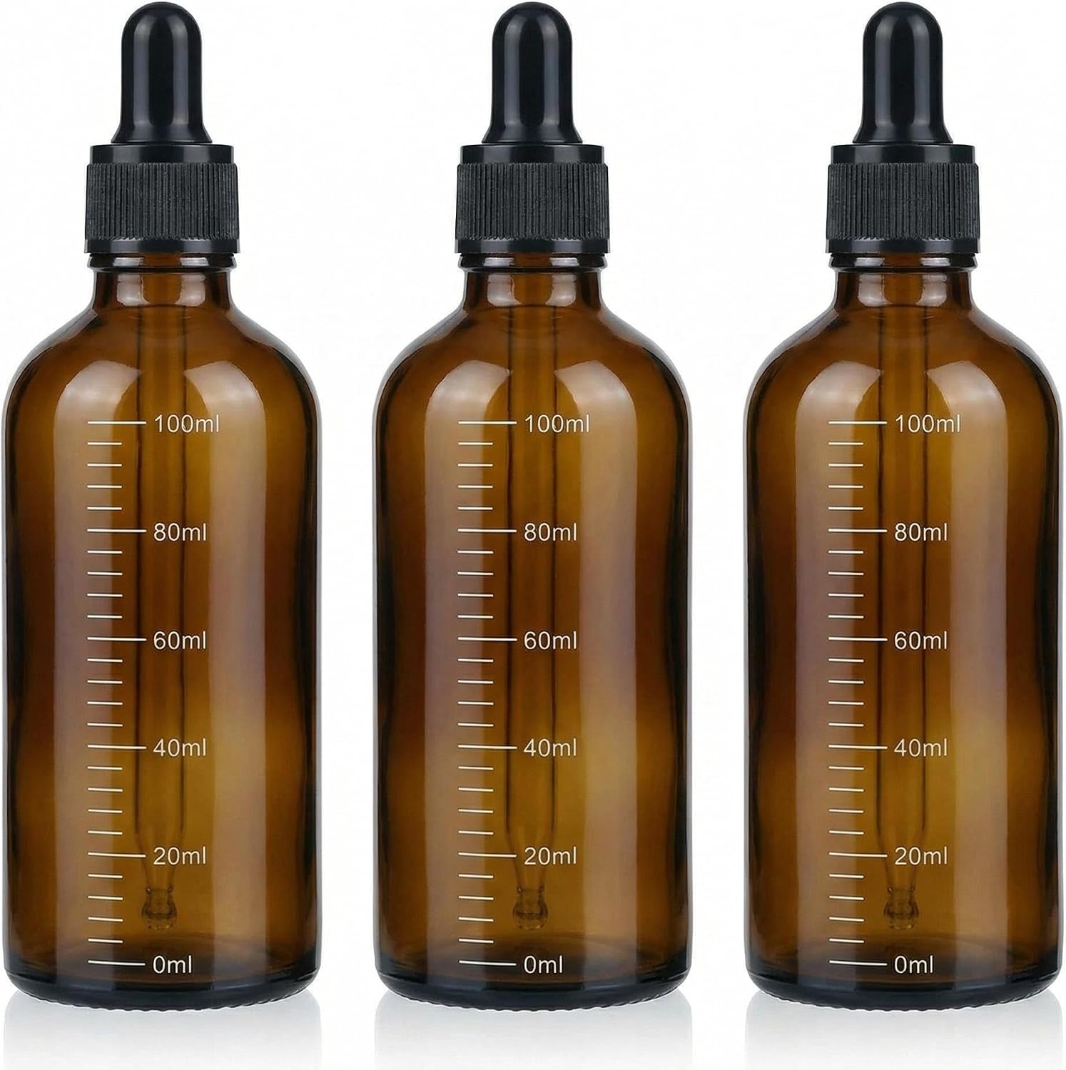 3PCS 100ml/3.4oz Empty Amber Glass Dropper Bottles Refillable Glass Graduated Dropper Container Storage Jar Pot Holder for Costmetic Essential Oil Perfume Aromatherapy