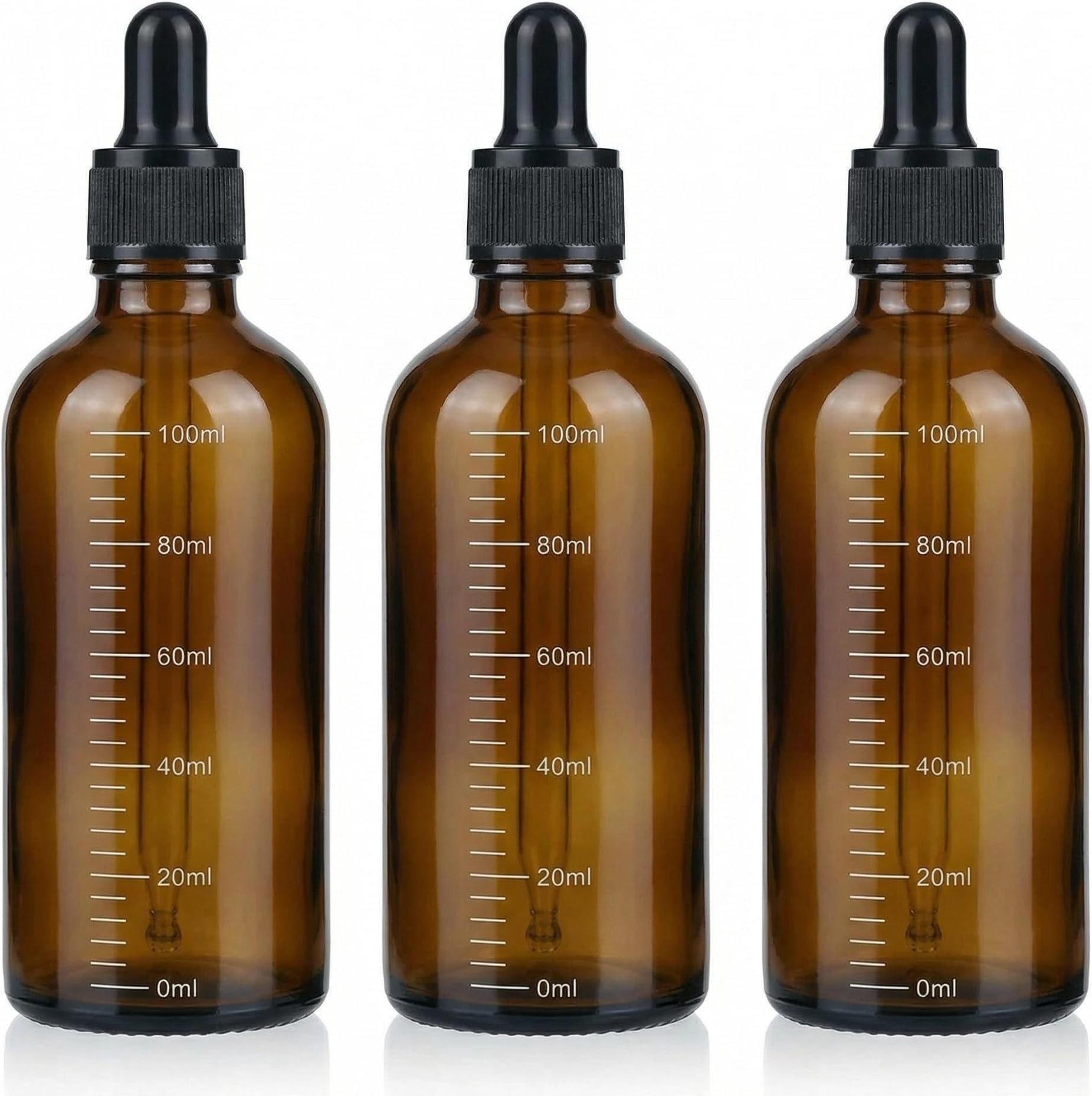 3 Pcs 100ML Empty Amber Glass Graduated Scale Dropper Bottles with Pipette Droppers and Black Rubber Heads Refillable Perfumes Aromatherapy Essential Oil Makeup Storage Container Vials