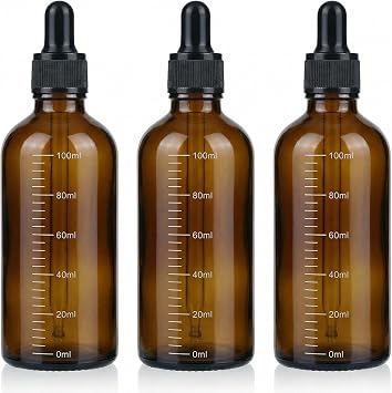 erioctry 3PCS 100ML 3.4oz Empty Refillable Amber Glass Dropper Bottles with Graduated Scale and Black Dropper Dispenser