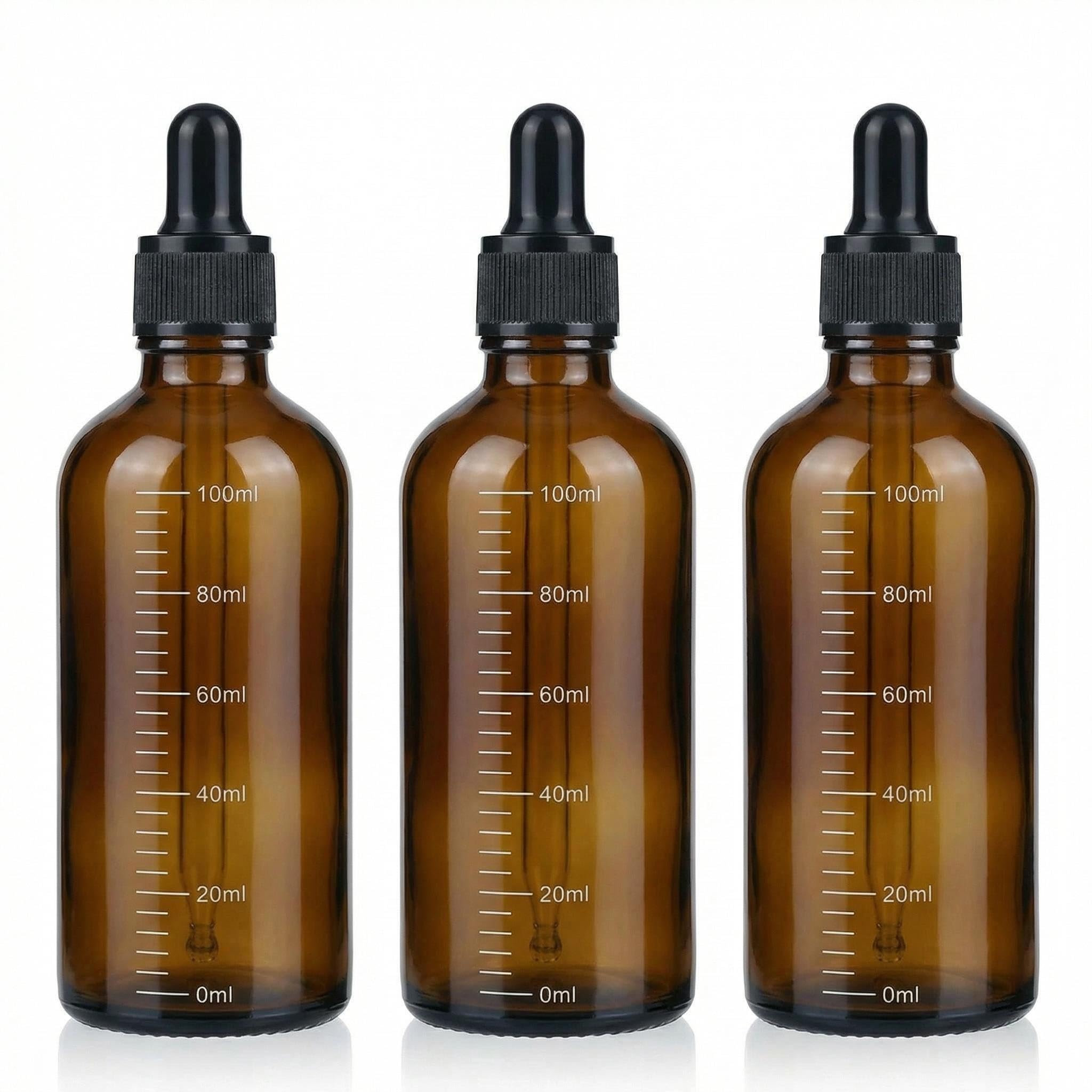 ericotry 3Pcs 100ML /3.4oz Empty Refillable Amber Glass Graduated Dropper Bottle Essential Oil Cosmetics Elite Fluid Container Jar Pot Holder with