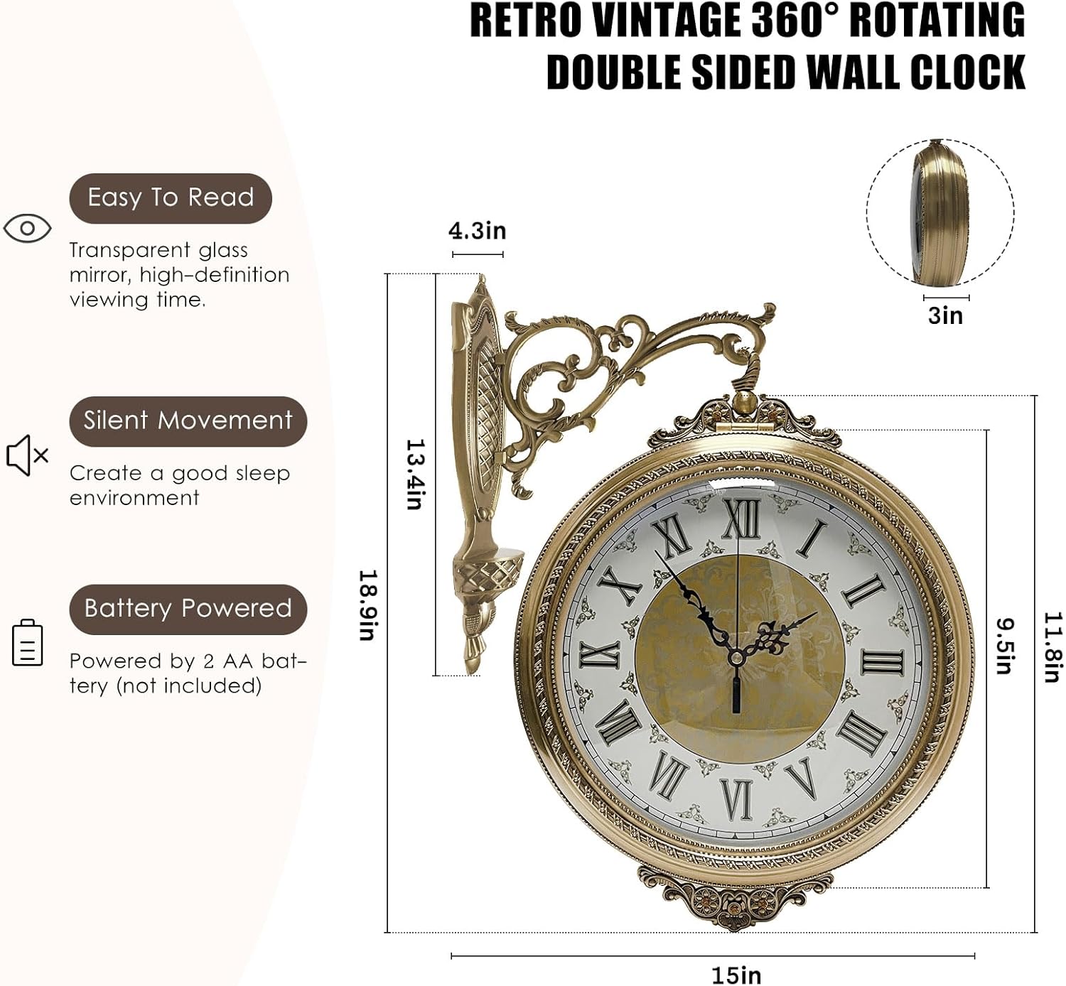 Vintage Double Sided Wall Clock 360-Degree Rotation Industrial Metal Wall-Mounted Clock Retro Antique Decor Silent Two Faces Retro Station Kitchen Roman Digital Hanging Décor