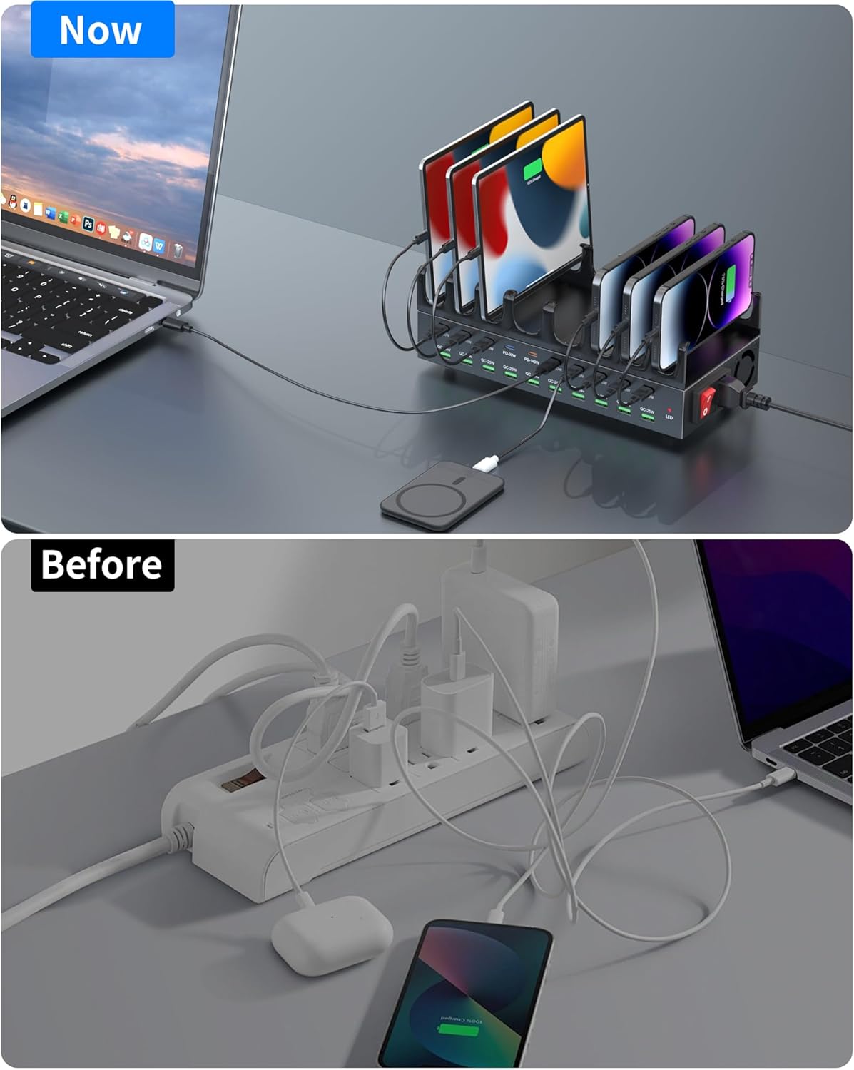 770W Charging Station for Multiple Devices, 20-Port USB C Fast Charging Station with Dual 140W PD PPS Port, Multi Device Fast Charger Dock for MacBook Pro Laptop, iPhone, iPad, Tablet, Cell Phone